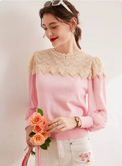 Casual Nail Bead Small High Collar Splicing Contrasting Flower Knitted Sweater Mssza