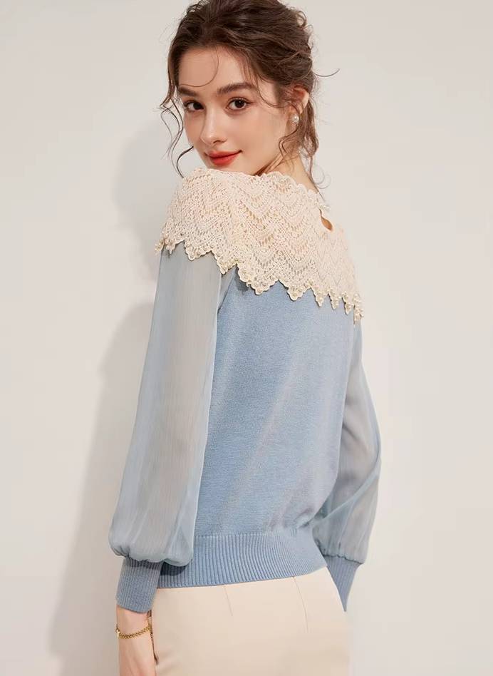 Casual Nail Bead Small High Collar Splicing Contrasting Flower Knitted Sweater Mssza