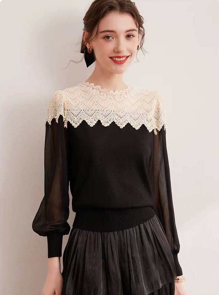 Casual Nail Bead Small High Collar Splicing Contrasting Flower Knitted Sweater Mssza