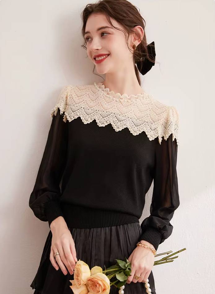 Casual Nail Bead Small High Collar Splicing Contrasting Flower Knitted Sweater Mssza