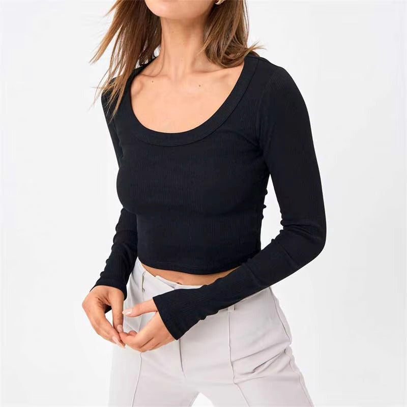Casual Neck Knitted Stretch Value Skinny Crop T Shirt Mssza