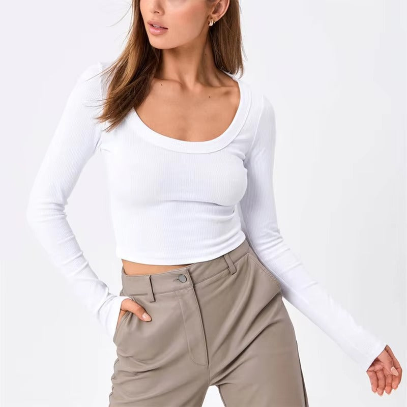 Casual Neck Knitted Stretch Value Skinny Crop T Shirt Mssza