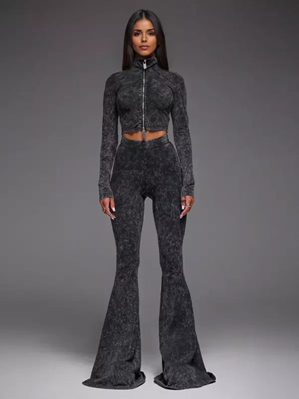 Casual Neck Zip-Up Crop Top And Flare Pants Two-Piece Set Mssza