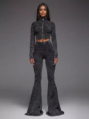 Casual Neck Zip-Up Crop Top And Flare Pants Two-Piece Set Mssza