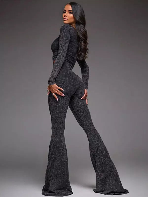 Casual Neck Zip-Up Crop Top And Flare Pants Two-Piece Set Mssza
