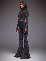 Casual Neck Zip-Up Crop Top And Flare Pants Two-Piece Set Mssza