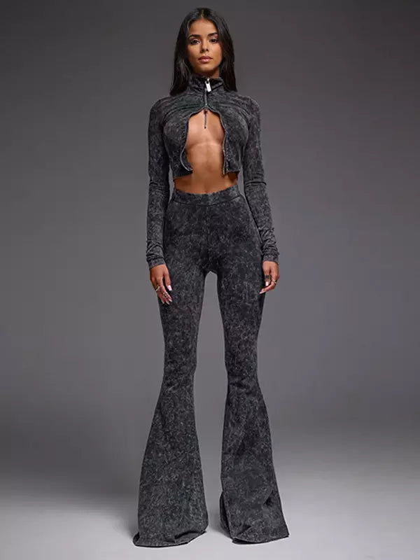 Casual Neck Zip-Up Crop Top And Flare Pants Two-Piece Set Mssza
