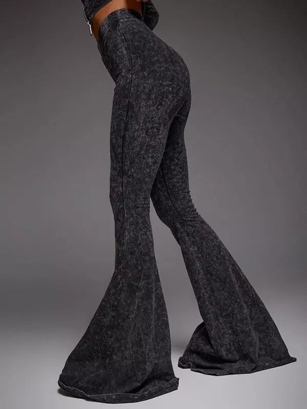 Casual Neck Zip-Up Crop Top And Flare Pants Two-Piece Set Mssza