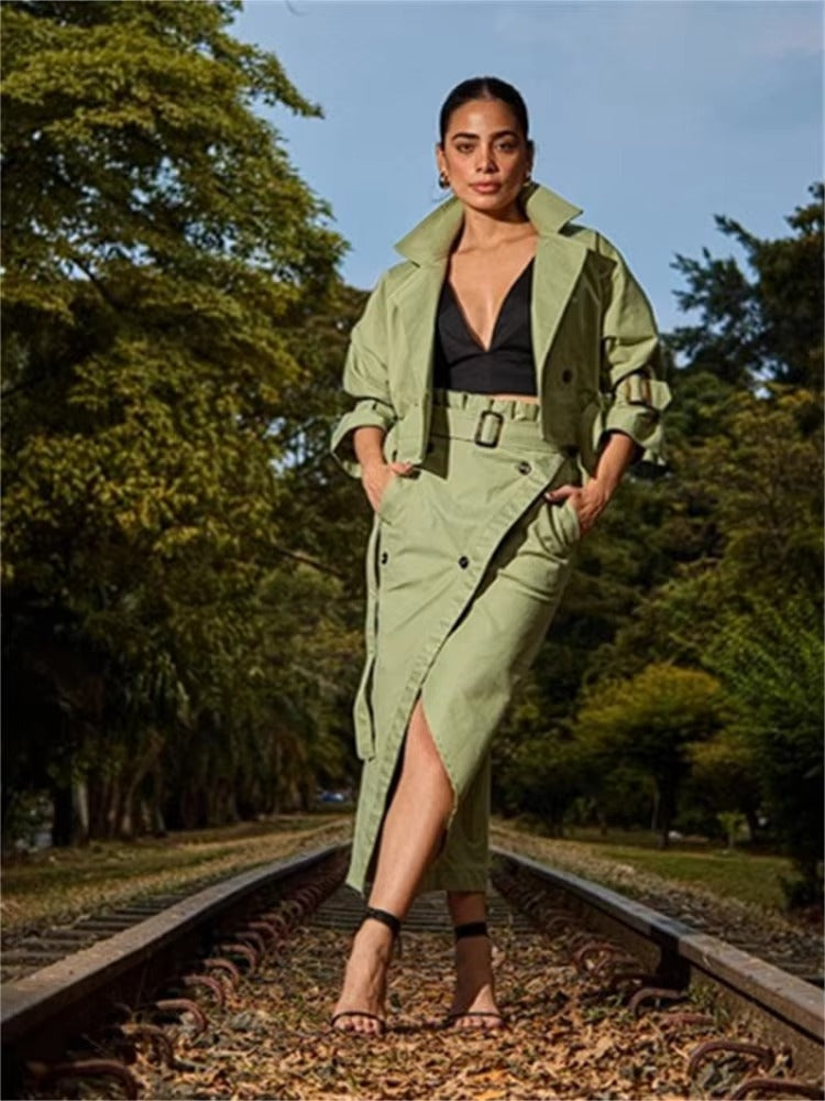 Casual Notched Long Sleeved Workwear Button Versatile Belt Set Skirt  2 Piece Sets Mssza
