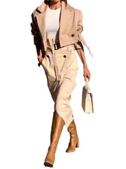 Casual Notched Long Sleeved Workwear Button Versatile Belt Set Skirt  2 Piece Sets Mssza