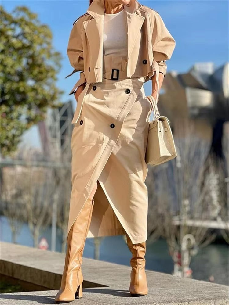 Casual Notched Long Sleeved Workwear Button Versatile Belt Set Skirt  2 Piece Sets Mssza