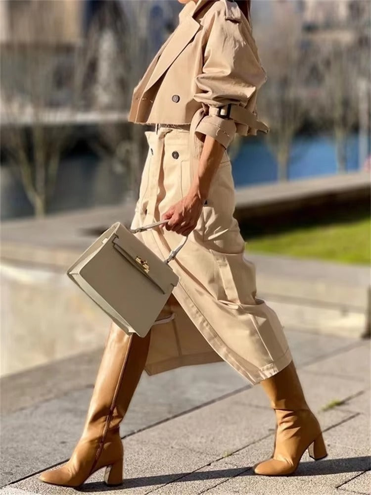 Casual Notched Long Sleeved Workwear Button Versatile Belt Set Skirt  2 Piece Sets Mssza