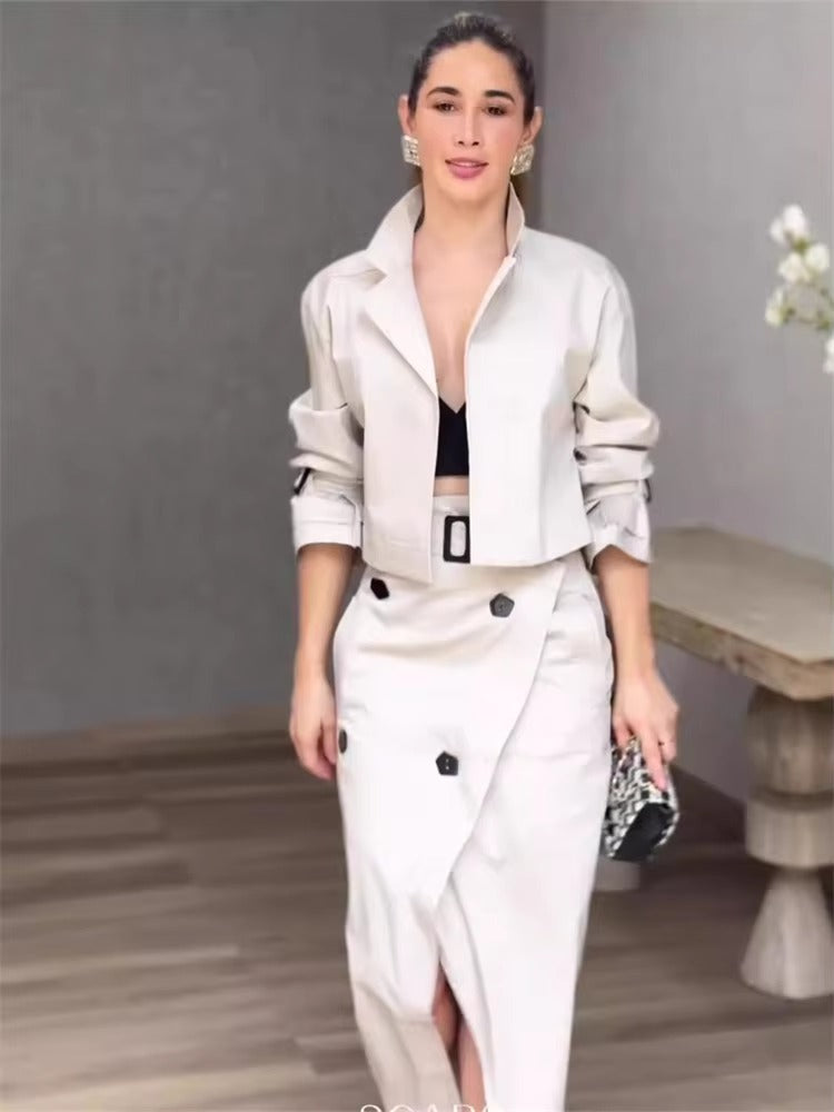 Casual Notched Long Sleeved Workwear Button Versatile Belt Set Skirt  2 Piece Sets Mssza