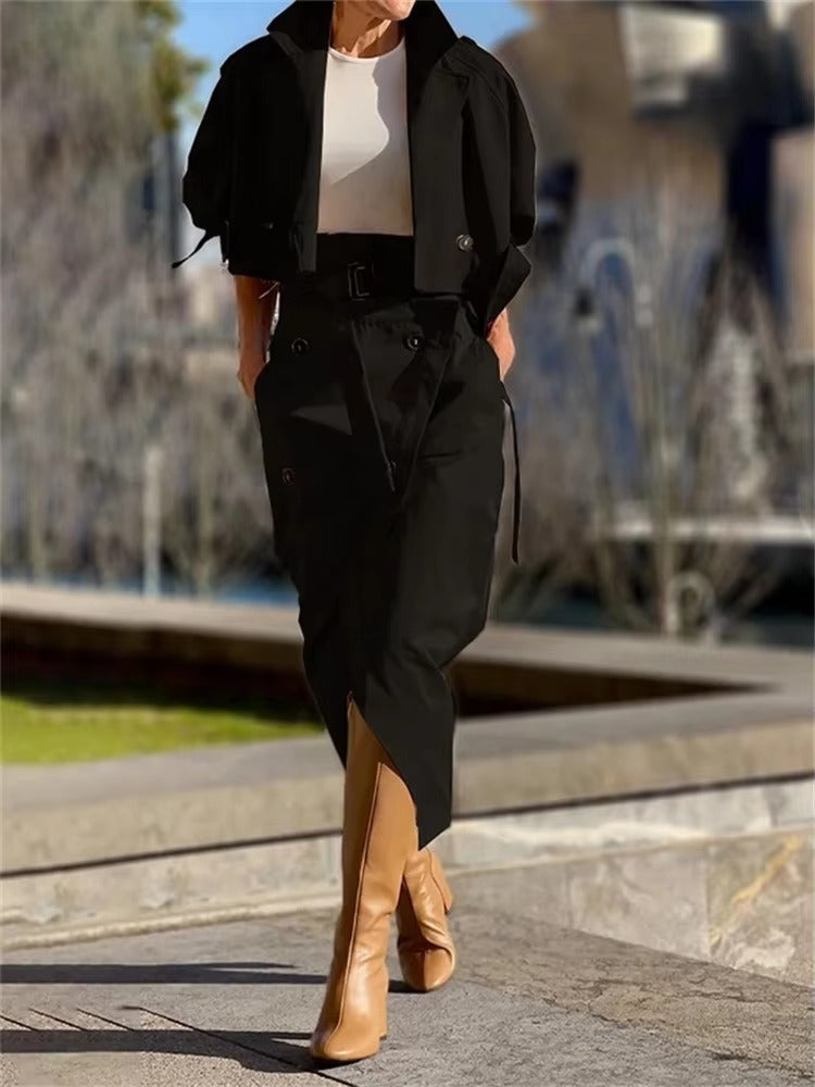 Casual Notched Long Sleeved Workwear Button Versatile Belt Set Skirt  2 Piece Sets Mssza