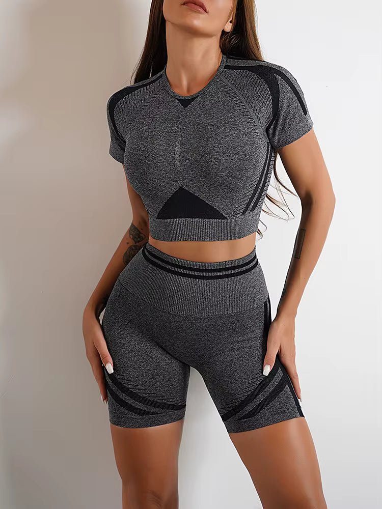 Nylon Seam Pockets Seamless Hip-lifting Short-Sleeved Yoga Sets Mssza