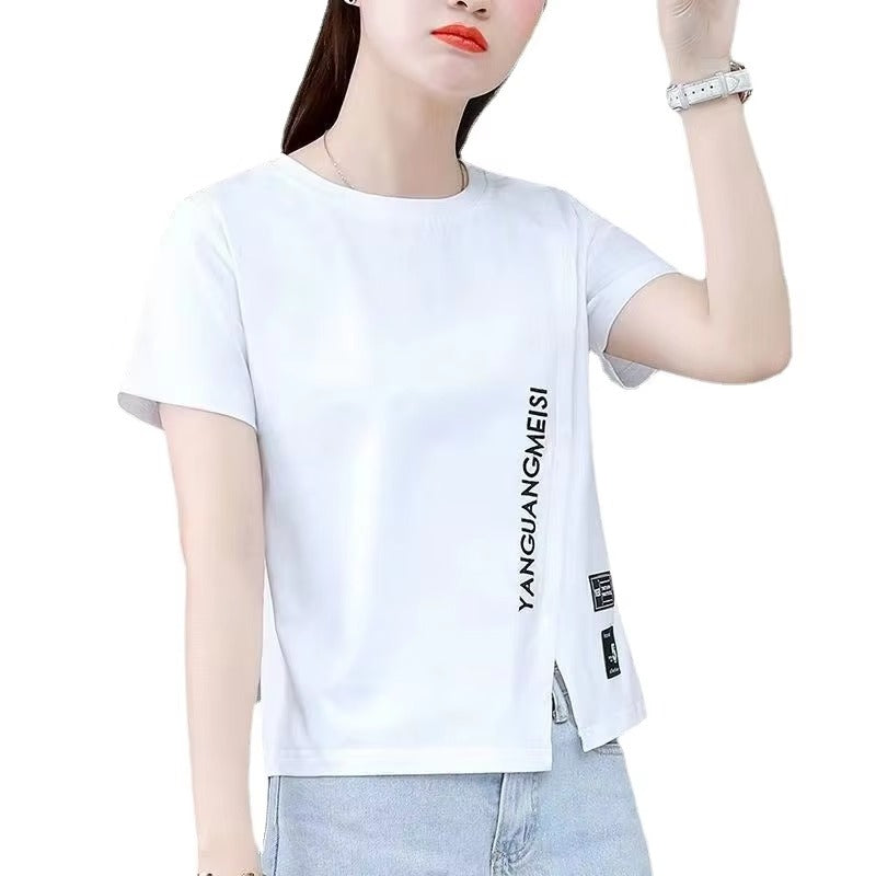 Casual O-Neck Letters Print Split Short Sleeve T-shirt Mssza