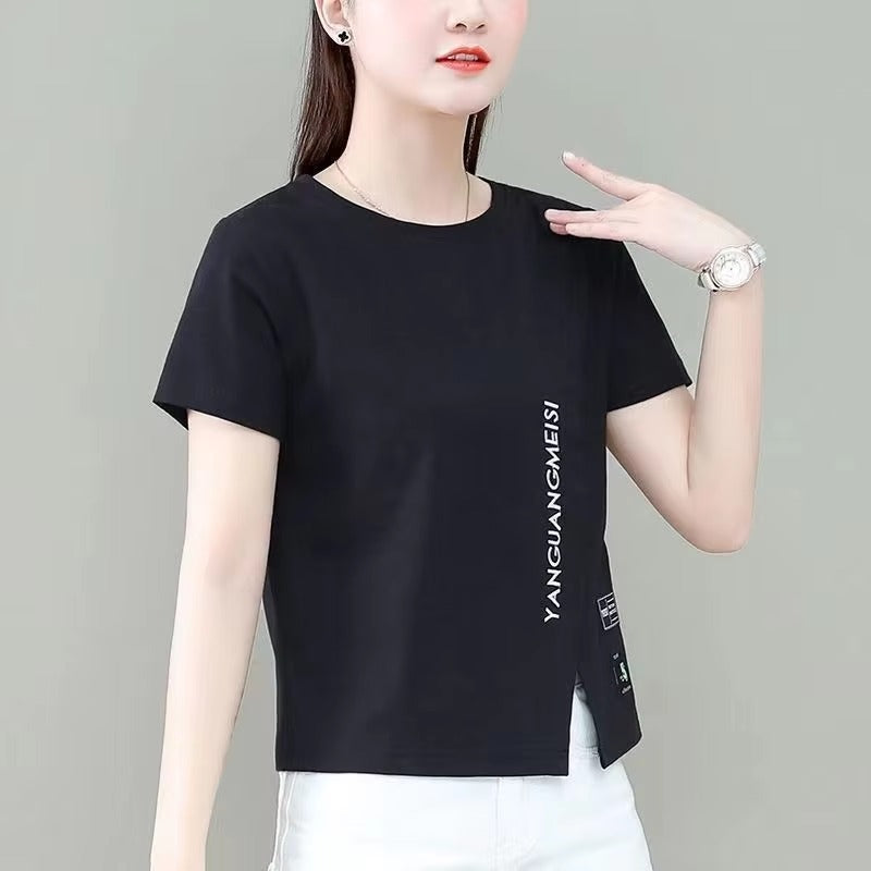 Casual O-Neck Letters Print Split Short Sleeve T-shirt Mssza