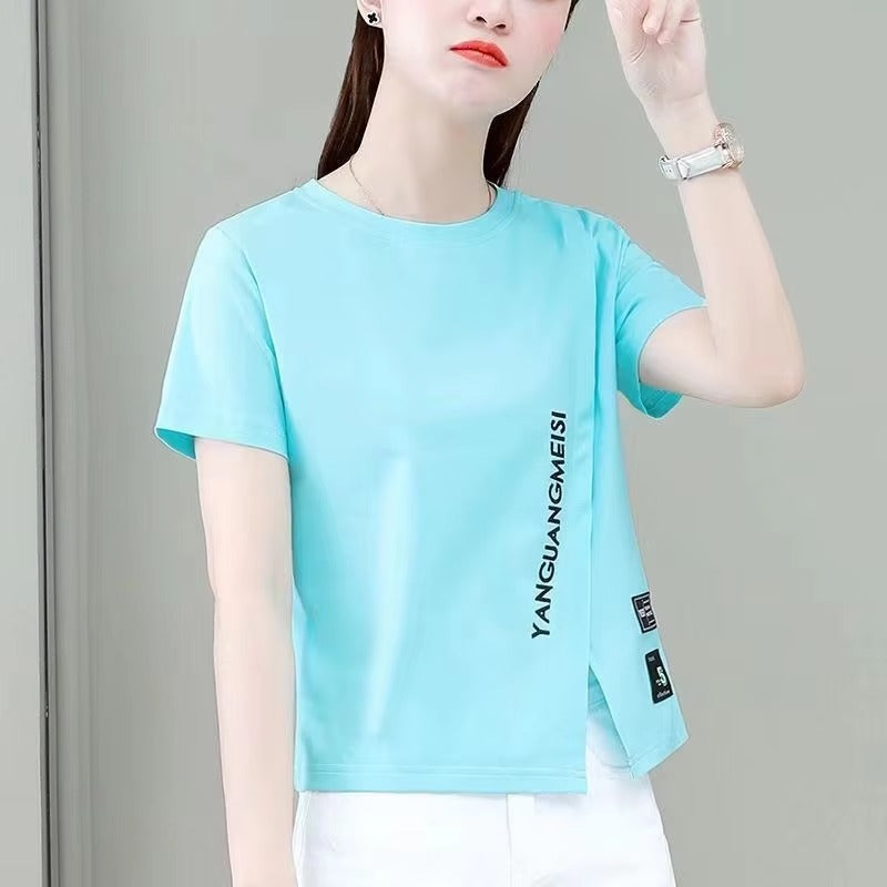Casual O-Neck Letters Print Split Short Sleeve T-shirt Mssza