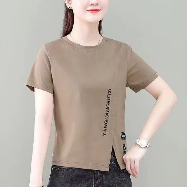 Casual O-Neck Letters Print Split Short Sleeve T-shirt Mssza
