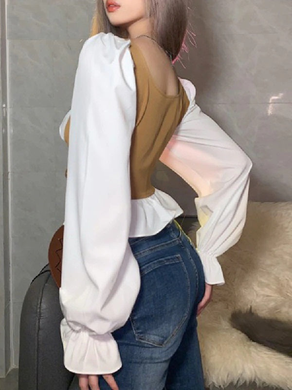 Casual O-Neck Patchwork Full Sleeve Skinny Crop Top Mssza