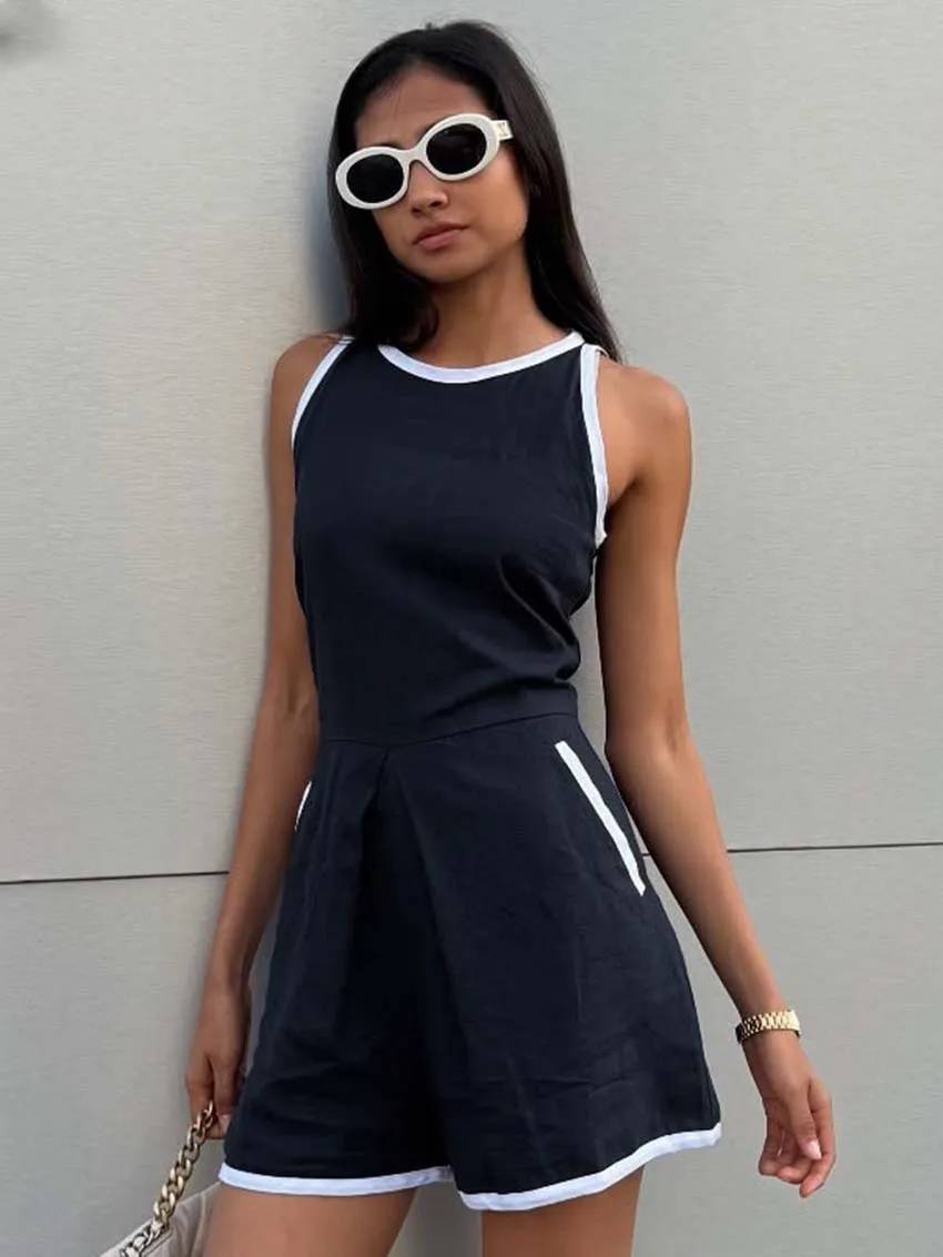 Casual O-Neck Patchwork Sleeveless High Waisted Pocket Jumpsuit Mssza