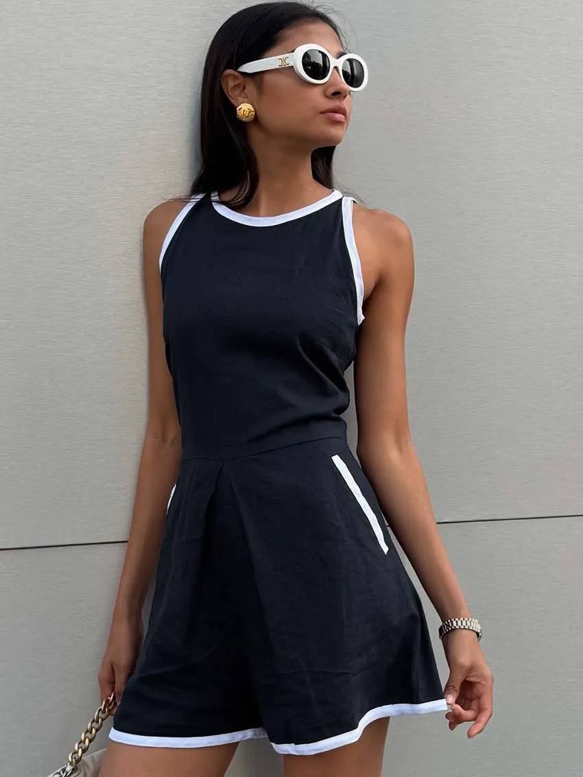 Casual O-Neck Patchwork Sleeveless High Waisted Pocket Jumpsuit Mssza