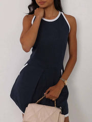 Casual O-Neck Patchwork Sleeveless High Waisted Pocket Jumpsuit Mssza