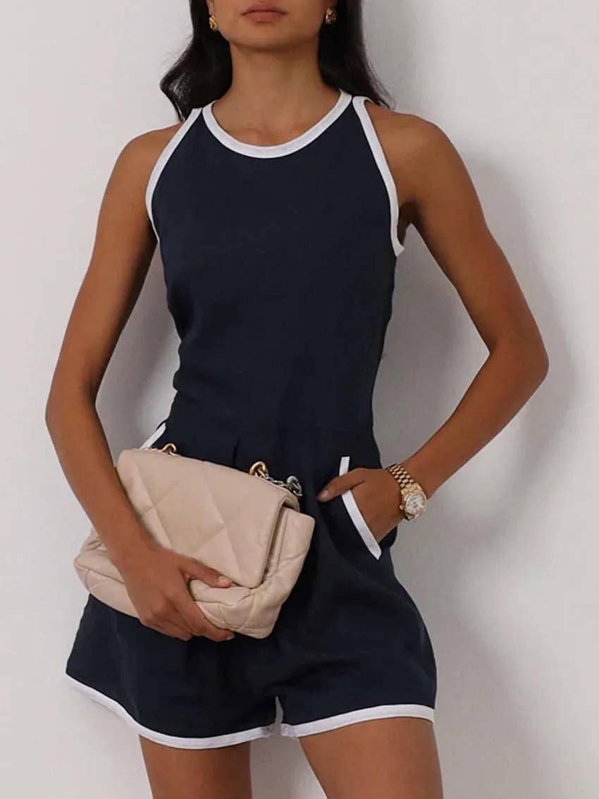 Casual O-Neck Patchwork Sleeveless High Waisted Pocket Jumpsuit Mssza