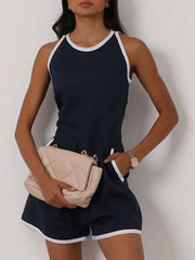 Casual O-Neck Patchwork Sleeveless High Waisted Pocket Jumpsuit Mssza