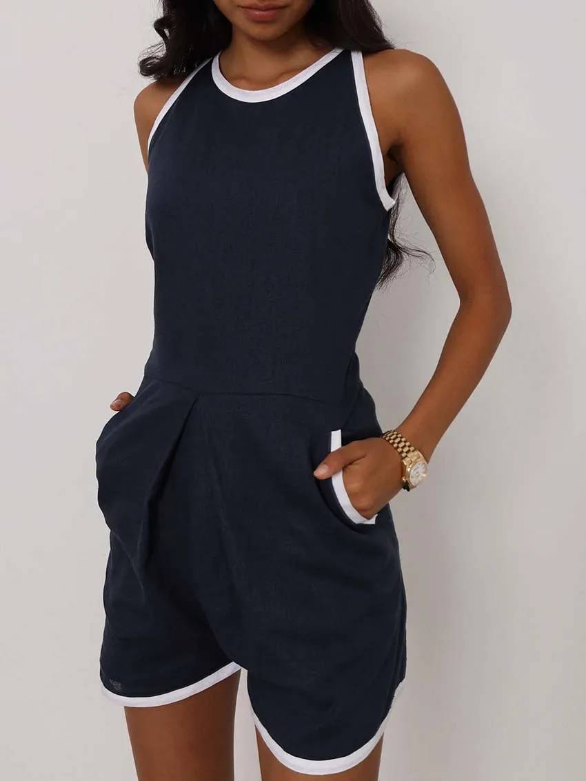 Casual O-Neck Patchwork Sleeveless High Waisted Pocket Jumpsuit Mssza