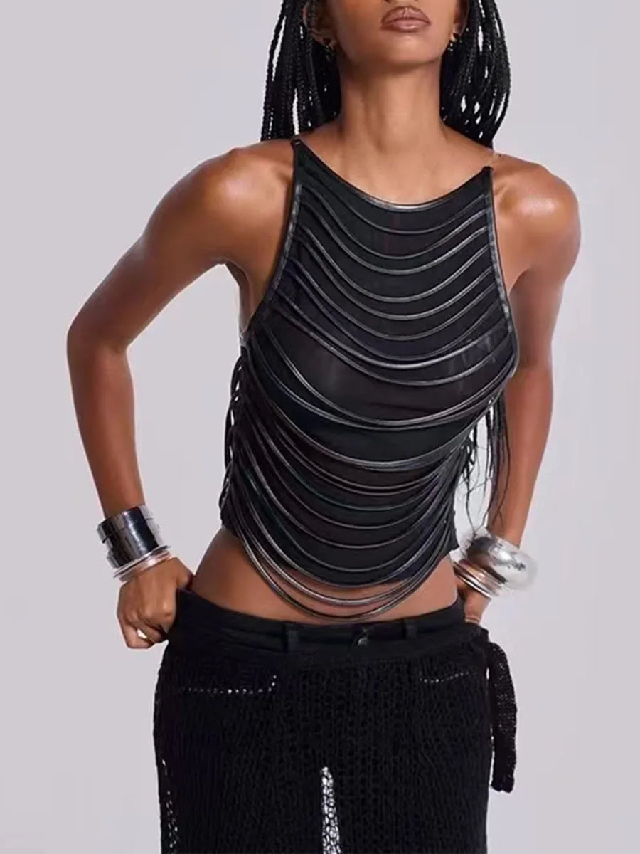 Casual O Neck Sleeveless Temperament Spliced Tassel Vest Top Mssza