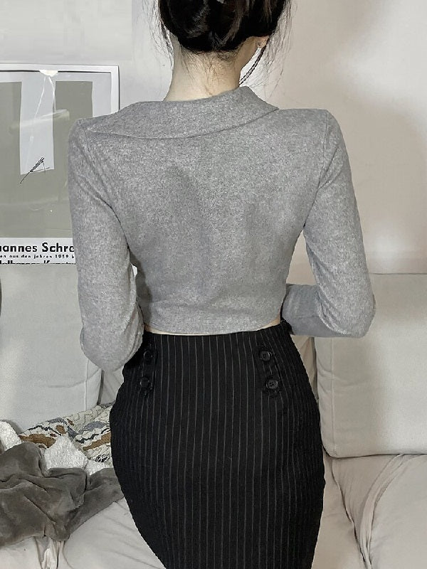 Casual O-Neck Solid Full Sleeve Knitted Crop Top Mssza
