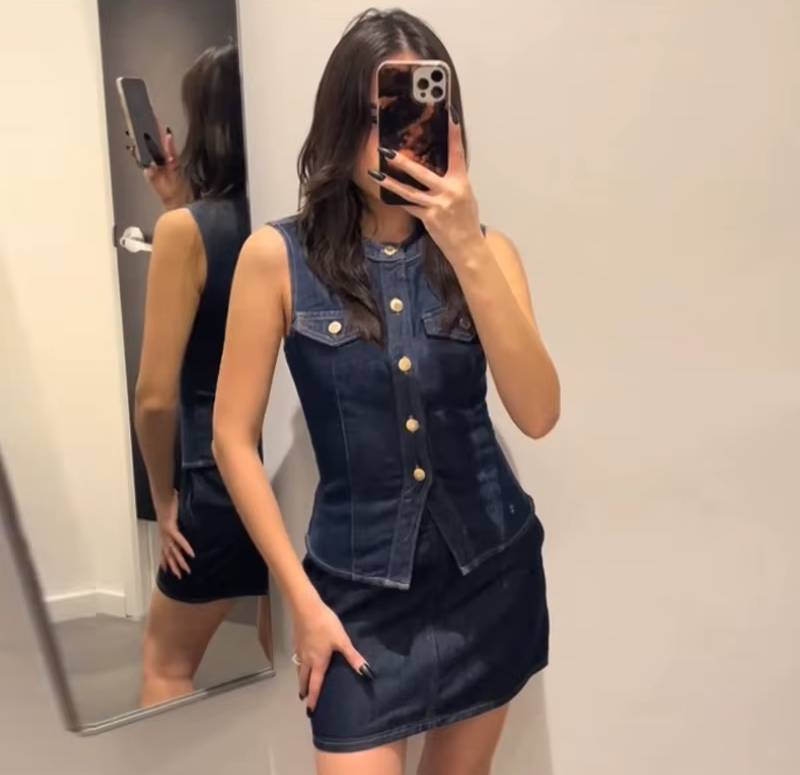 Casual O-neck Single Breasted Top Vest High Waist Mini Skirts 2 Pieces Sets Mssza
