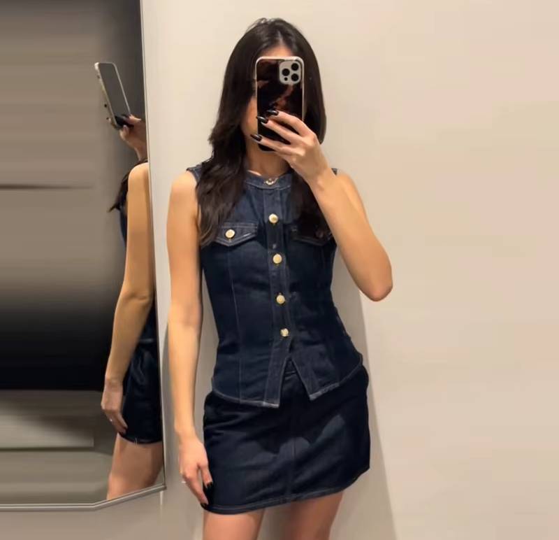 Casual O-neck Single Breasted Top Vest High Waist Mini Skirts 2 Pieces Sets Mssza