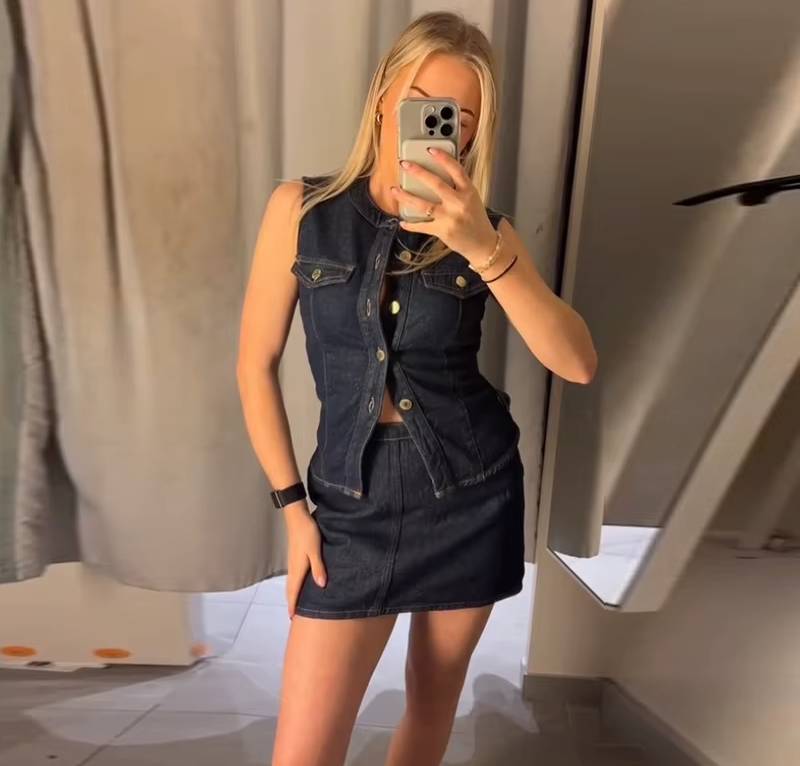 Casual O-neck Single Breasted Top Vest High Waist Mini Skirts 2 Pieces Sets Mssza