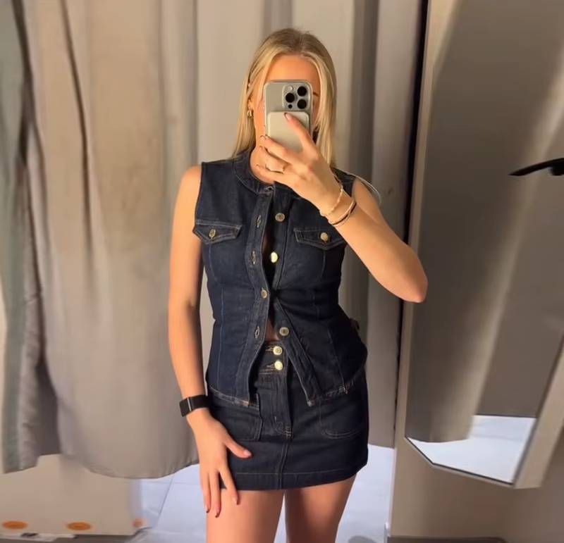 Casual O-neck Single Breasted Top Vest High Waist Mini Skirts 2 Pieces Sets Mssza