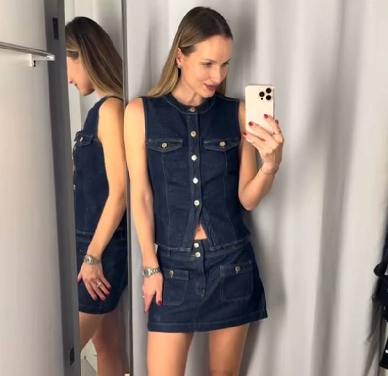 Casual O-neck Single Breasted Top Vest High Waist Mini Skirts 2 Pieces Sets Mssza