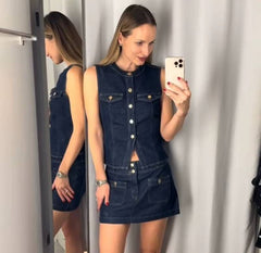 Casual O-neck Single Breasted Top Vest High Waist Mini Skirts 2 Pieces Sets Mssza