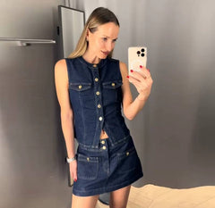 Casual O-neck Single Breasted Top Vest High Waist Mini Skirts 2 Pieces Sets Mssza
