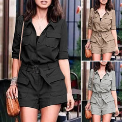 Casual OL Work Playsuits Elegant Solid Overalls Long Sleeve Lapel Neck Jumpsuits Dungarees Mssza
