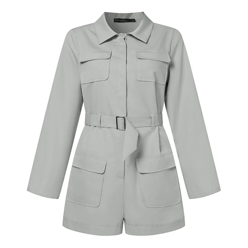 Casual OL Work Playsuits Elegant Solid Overalls Long Sleeve Lapel Neck Jumpsuits Dungarees Mssza