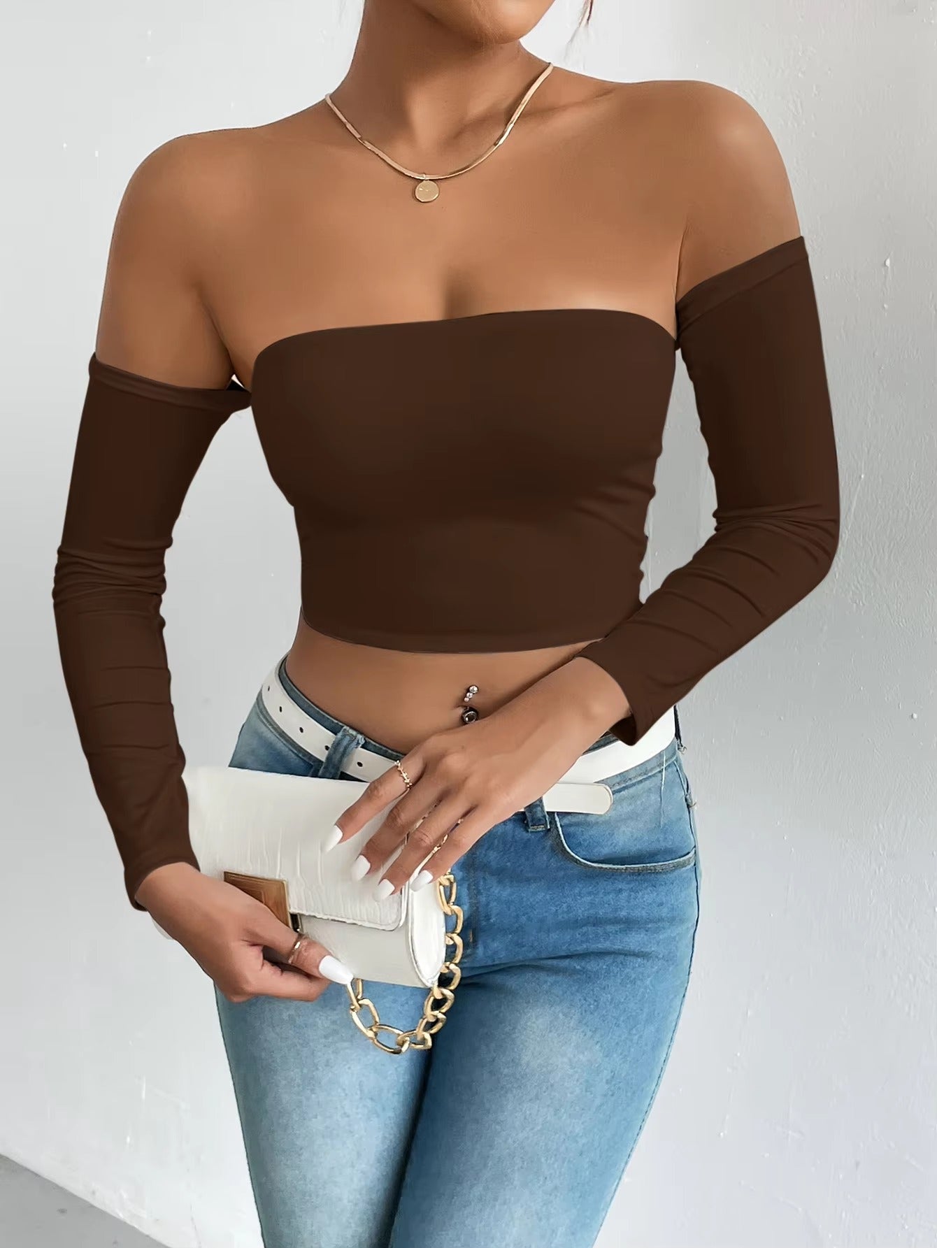 Casual Off Shoulder Backless Long Sleeve High Stretch Crop Top Mssza