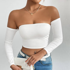 Casual Off Shoulder Backless Long Sleeve High Stretch Crop Top Mssza