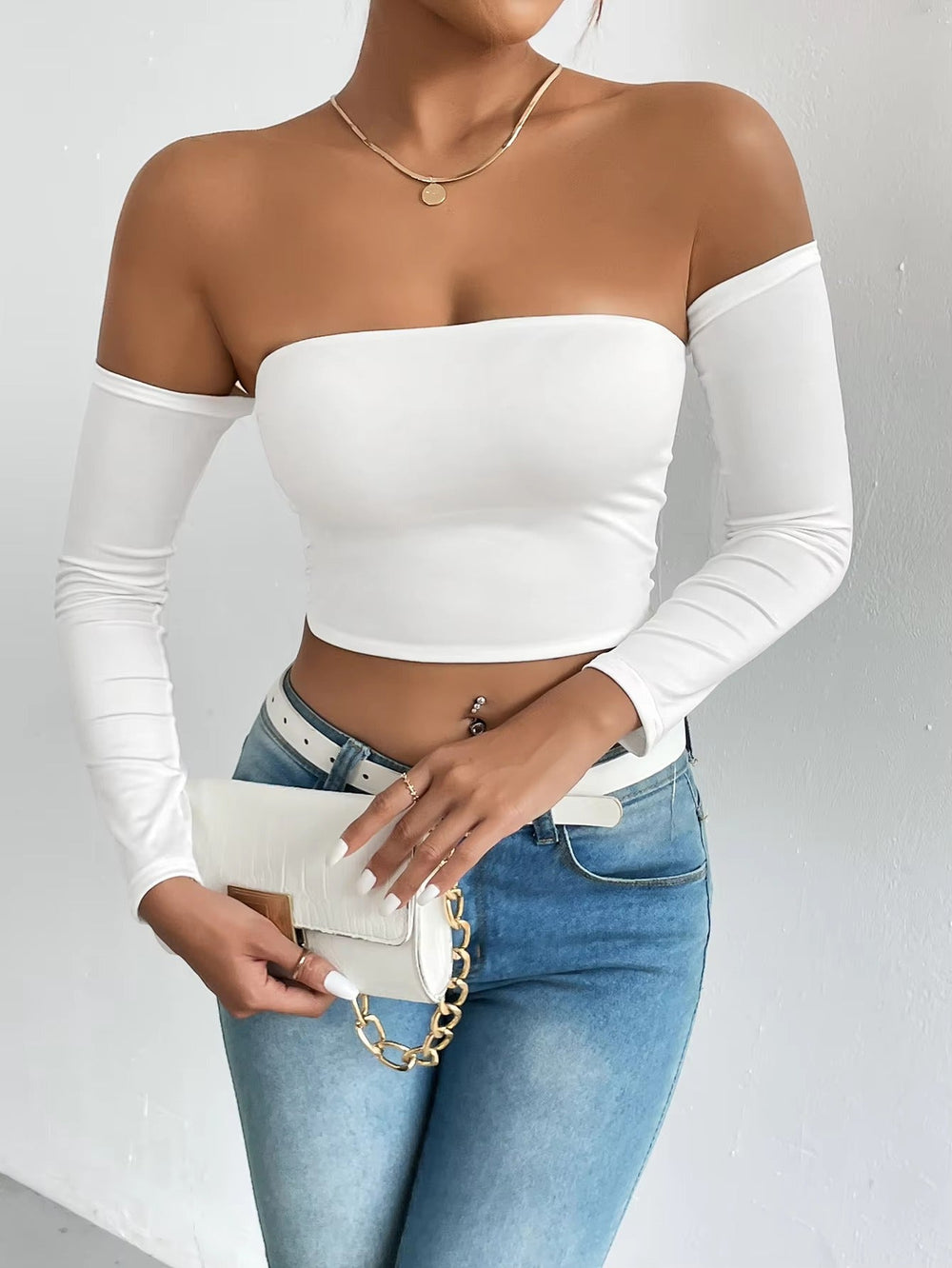 Casual Off Shoulder Backless Long Sleeve High Stretch Crop Top Mssza
