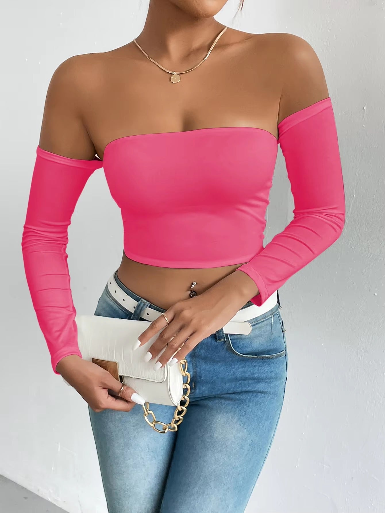 Casual Off Shoulder Backless Long Sleeve High Stretch Crop Top Mssza
