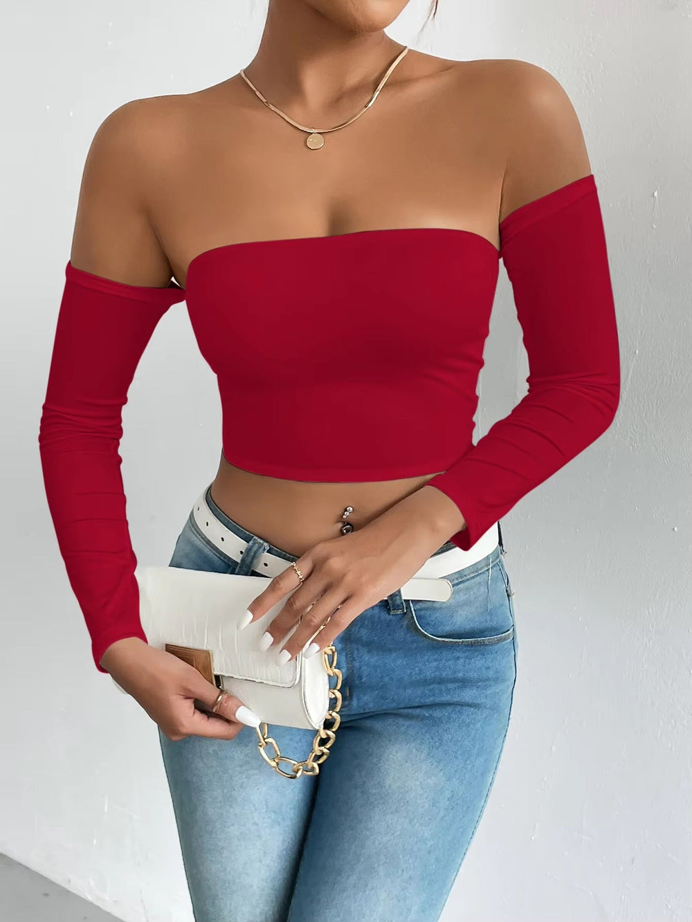 Casual Off Shoulder Backless Long Sleeve High Stretch Crop Top Mssza