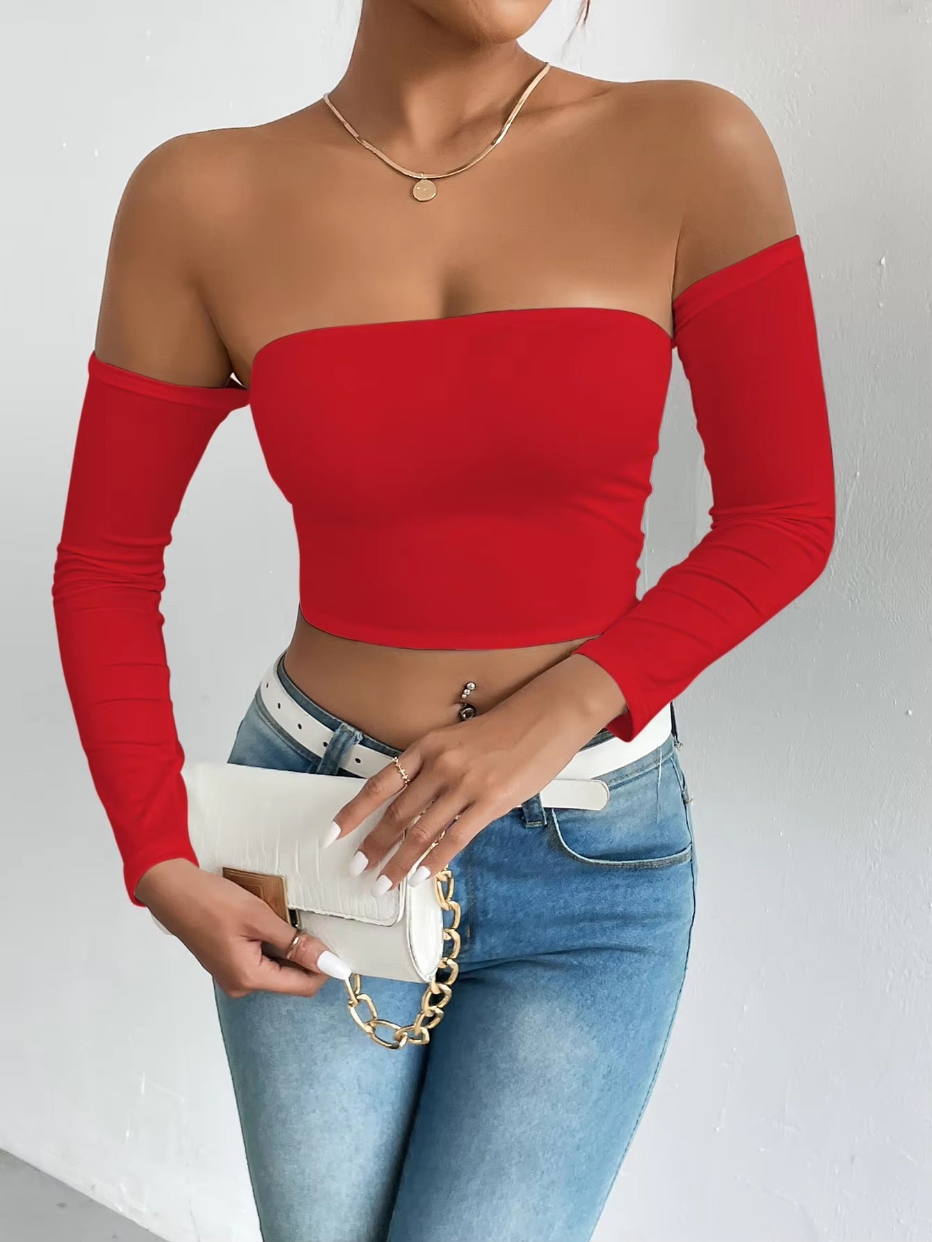 Casual Off Shoulder Backless Long Sleeve High Stretch Crop Top Mssza