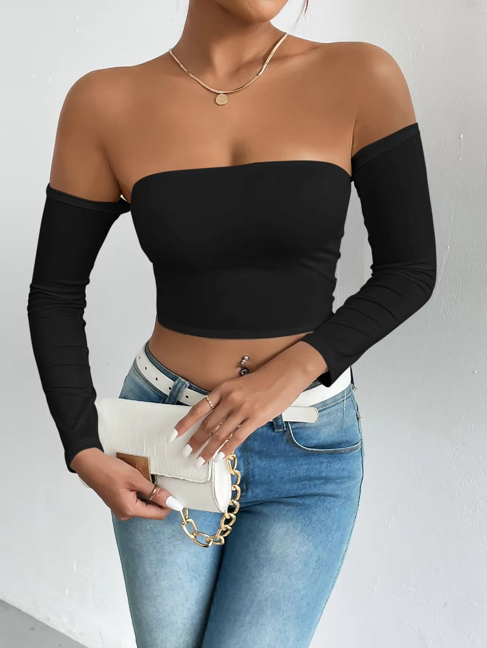 Casual Off Shoulder Backless Long Sleeve High Stretch Crop Top Mssza
