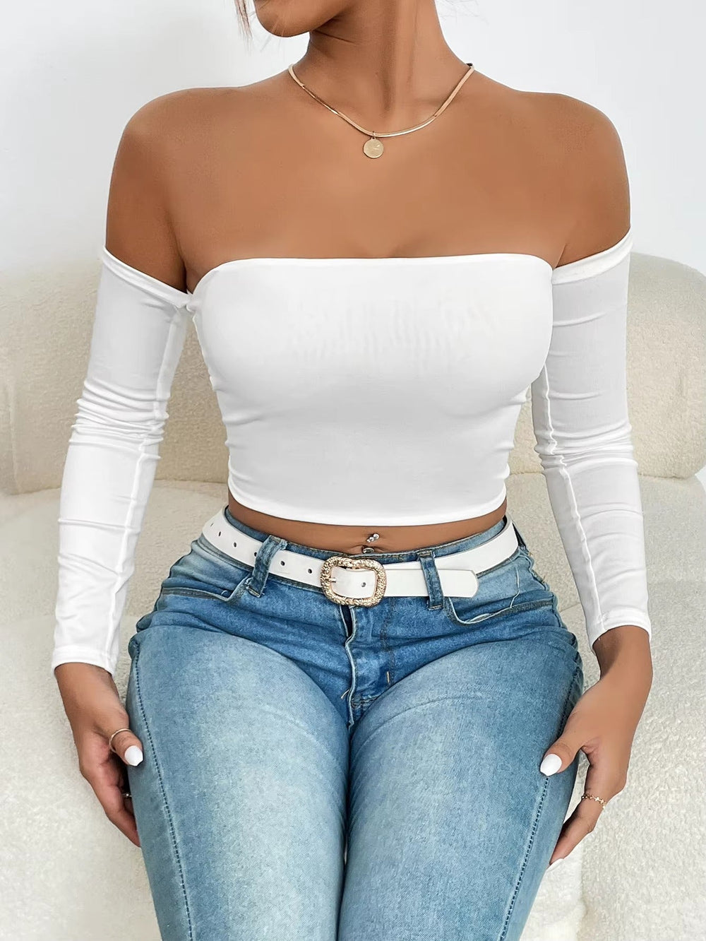 Casual Off Shoulder Backless Long Sleeve High Stretch Crop Top Mssza
