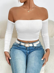 Casual Off Shoulder Backless Long Sleeve High Stretch Crop Top Mssza